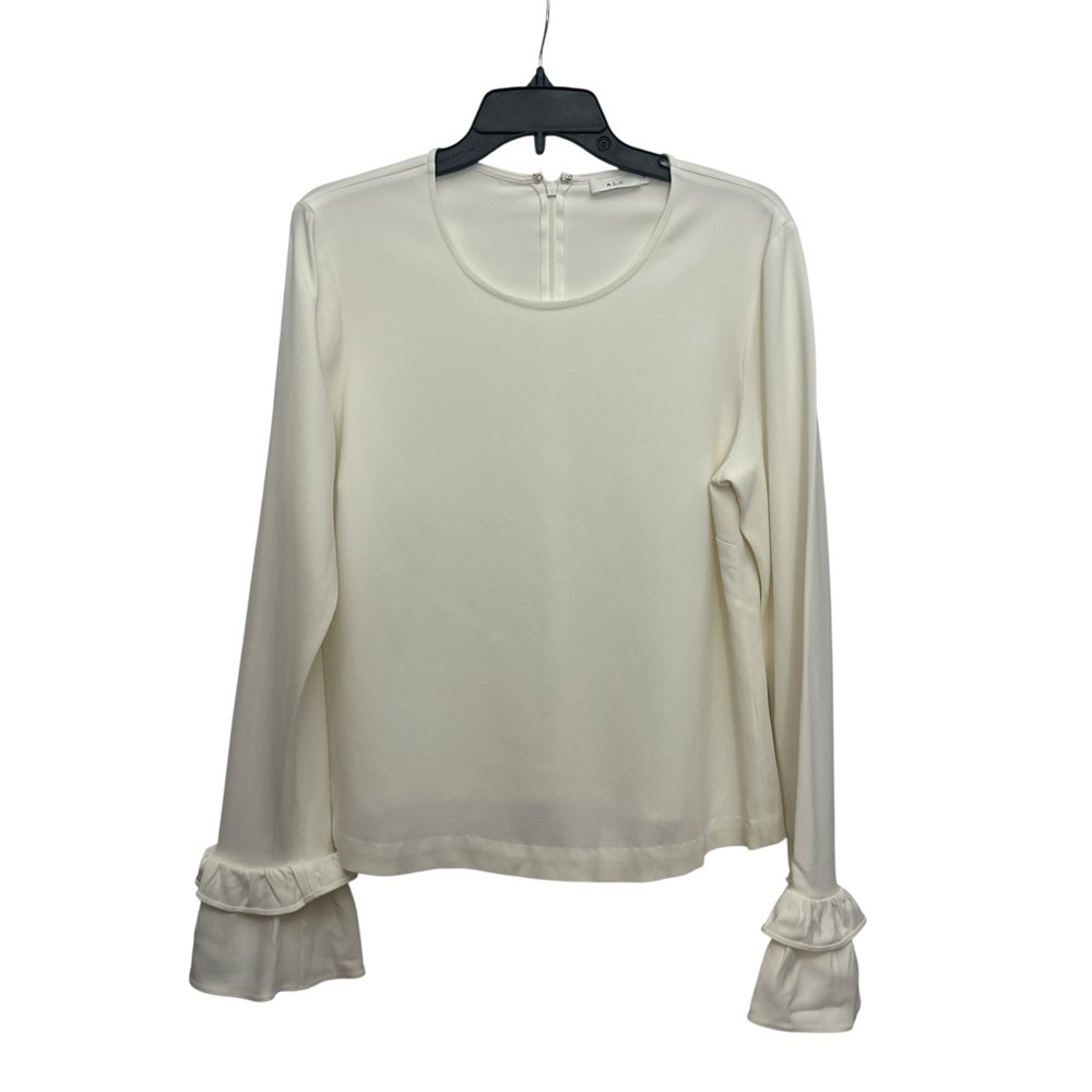 A.L.C. Long Sleeve Ivory Round Neck Blouse Ruffle Cuffs Size 12 Quiet Luxury